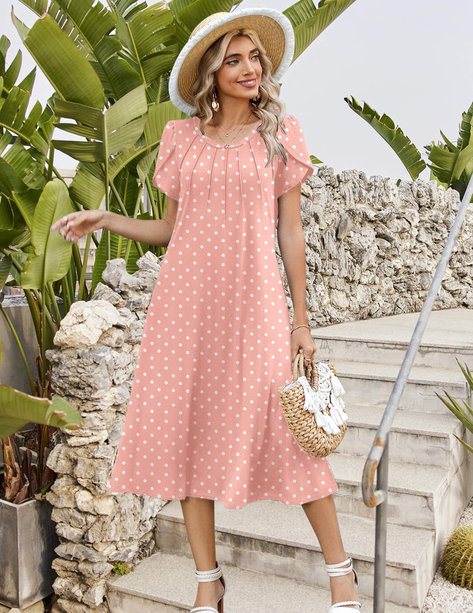 Zeagoo Polka Dot Dress for Women Midi Summer Dresses 2026 Short Sleeve Dress Casual Pleated Long Dresses Pleated Sundress, Pink Dot L