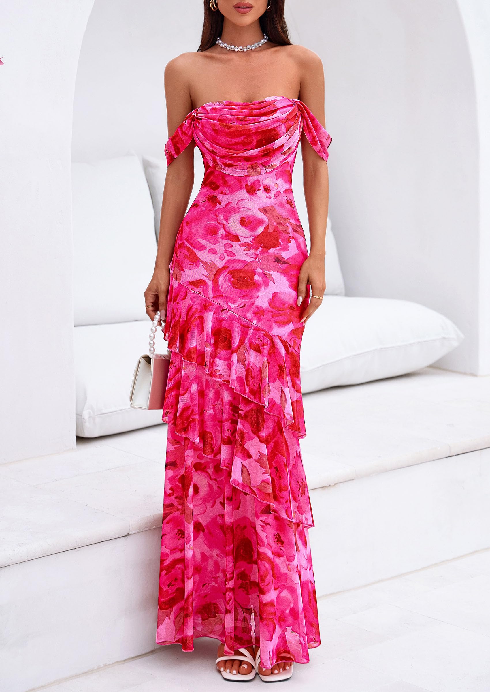 PRETTYGARDEN Women's Formal Cocktail Maxi Dresses 2026 Summer Off Shoulder Floral Mesh Bodycon Spring Wedding Guest Dress (Floral Pink,Small)