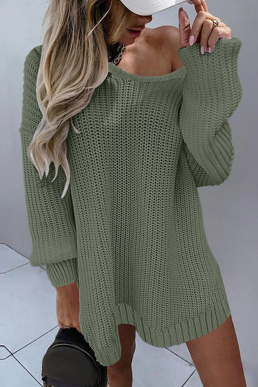 GUNEST Womens Oversized Sweaters Off The Shoulder Casual Crew Neck Long Sleeve Cute Crochet Ribbed Tunic Sweater Green L
