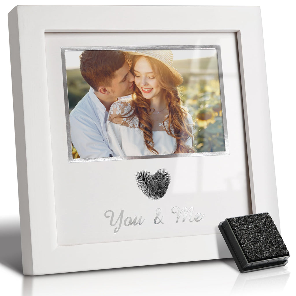 You & Me Thumbprint Picture Frame with Ink Kit, Anniversary Wedding Gifts for Couples, Fingerprint Heart Photo Frame for Wedding, Engagement, Bridal Shower, Wedding Anniversary & Valentine’s Day Gift(White)