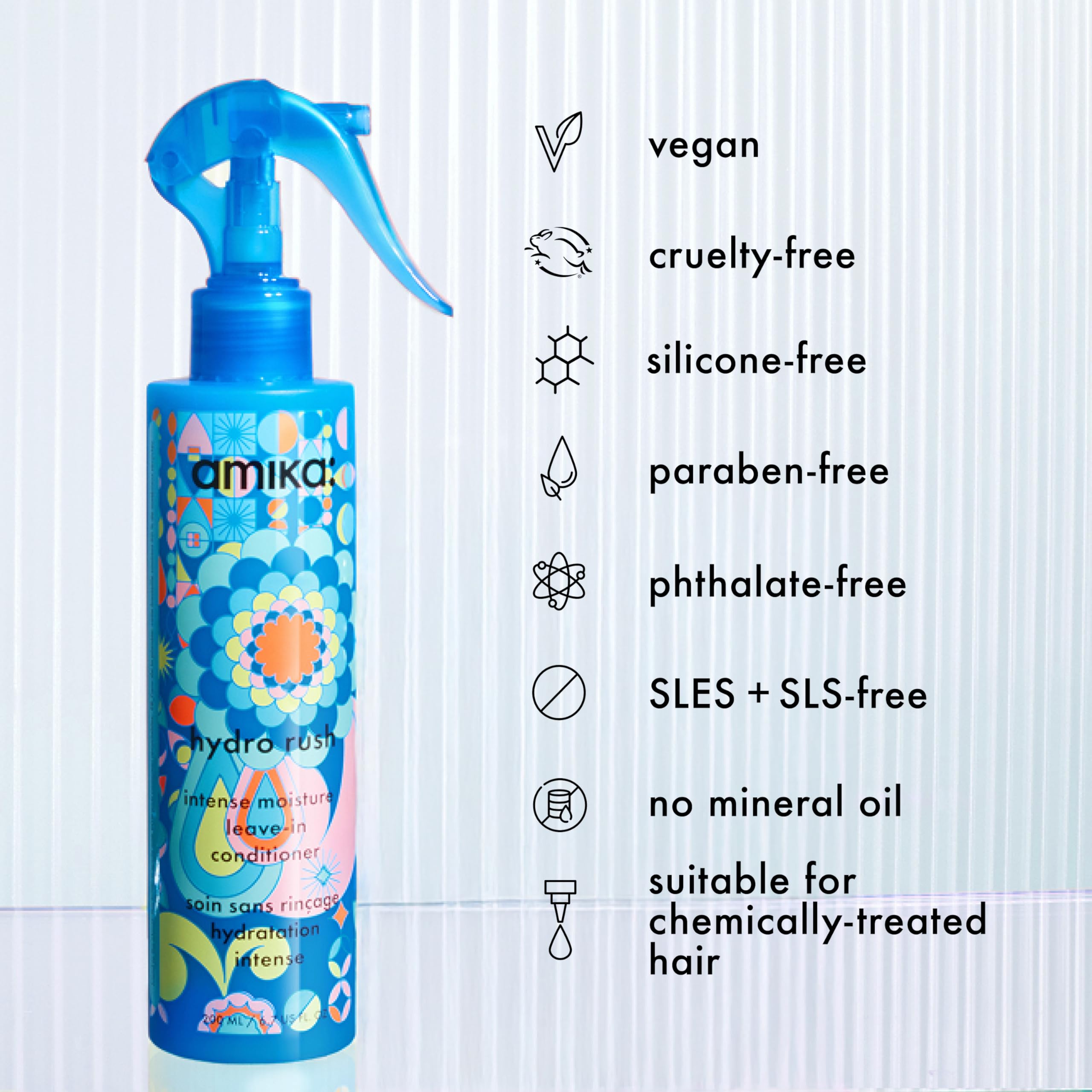 amika Hydro Rush Intense Moisture Leave-In Conditioner with Hyaluronic Acid, 60ml | for all hair types, long-lasting hydration, detangles and reduces frizz, travel size
