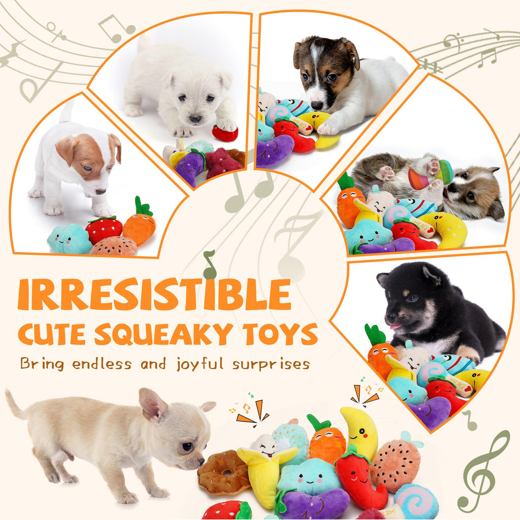 QTwoof Cheerful 20-Pack Squeaky Dog Toys Set - Included 4 Dog Bags, Plush Puppy Toys with Irresistibly Cute Characters for Small Dogs, Interactive Dog Squeak Toys for Fun&Teeth Cleaning