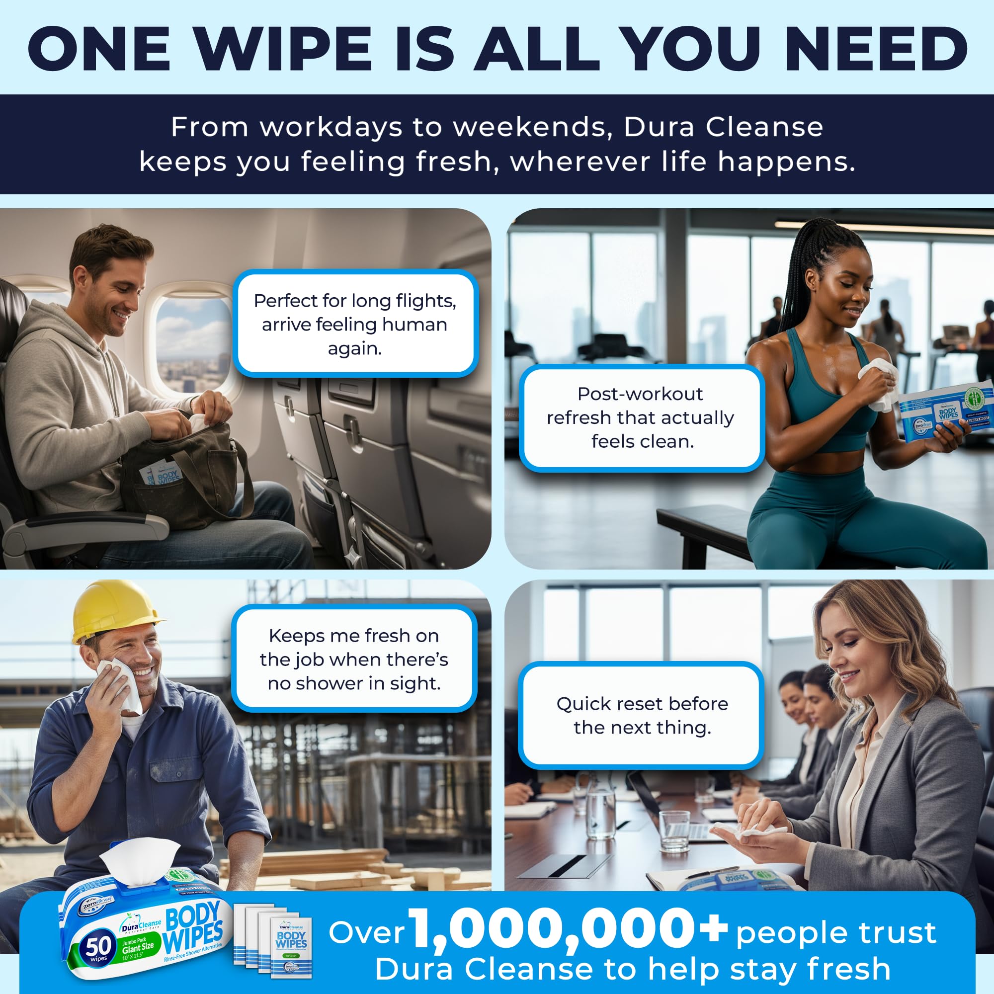 XL Body Wipes for Adults Bathing – 50 Ct + 4 Travel Shower Wipes 10 x 11.5" Thick Cleansing No Rinse Bath Wash Sheets for Elderly, Incontinence, Men & Women, Camping Essentials Disposable Washcloths