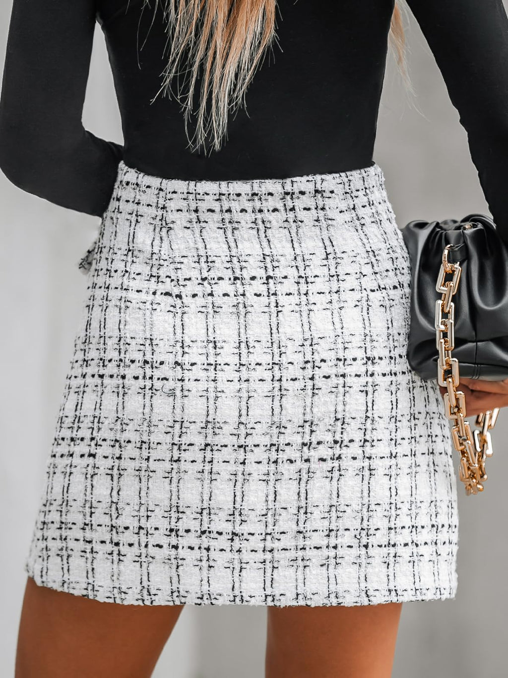 CUPSHE Women Mini Plaid Skirts Tweed High Waist Bodycon Pencil Fall Winter Dressy Shorts,L Grey