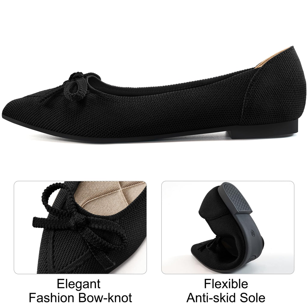 Ablanczoom Ballet Flats Shoes for Women: Dressy Pointed Toe Bow Knit Flats Comfortable Slip On Work Business Casual Shoes Black