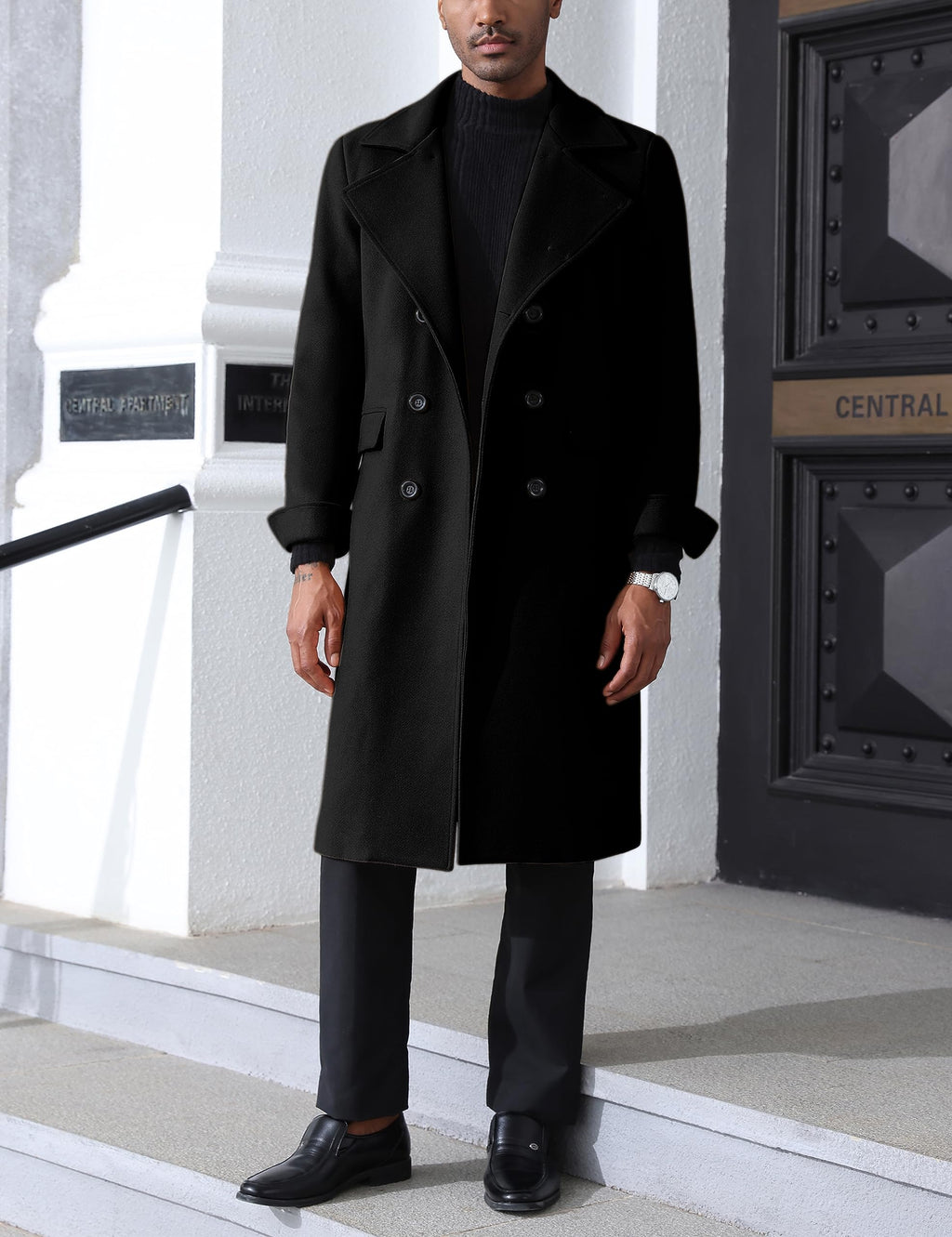 Springrain Men's Pea Coat Double Breasted Overcoat Lapel Coat Classic Long Trench Coat(Black-S)