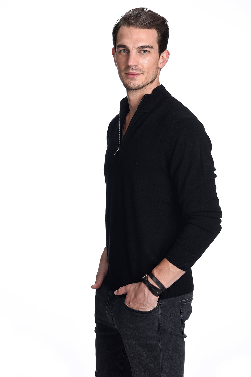 State Cashmere Men's Half Zip Mock Neck Sweater 100% Pure Cashmere Polo Neck Pullover (Black, Medium)