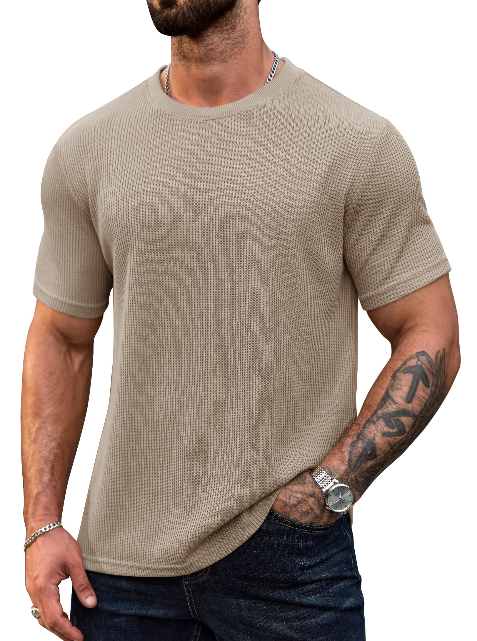 Herberton Men's New Casual Tee Urban Comfort Tshirts Short Sleeve Solid Classic Fresh Knit Summer Crew Neck Collarless Basic Resort Gentle Modern Tee-Shirts Khaki L