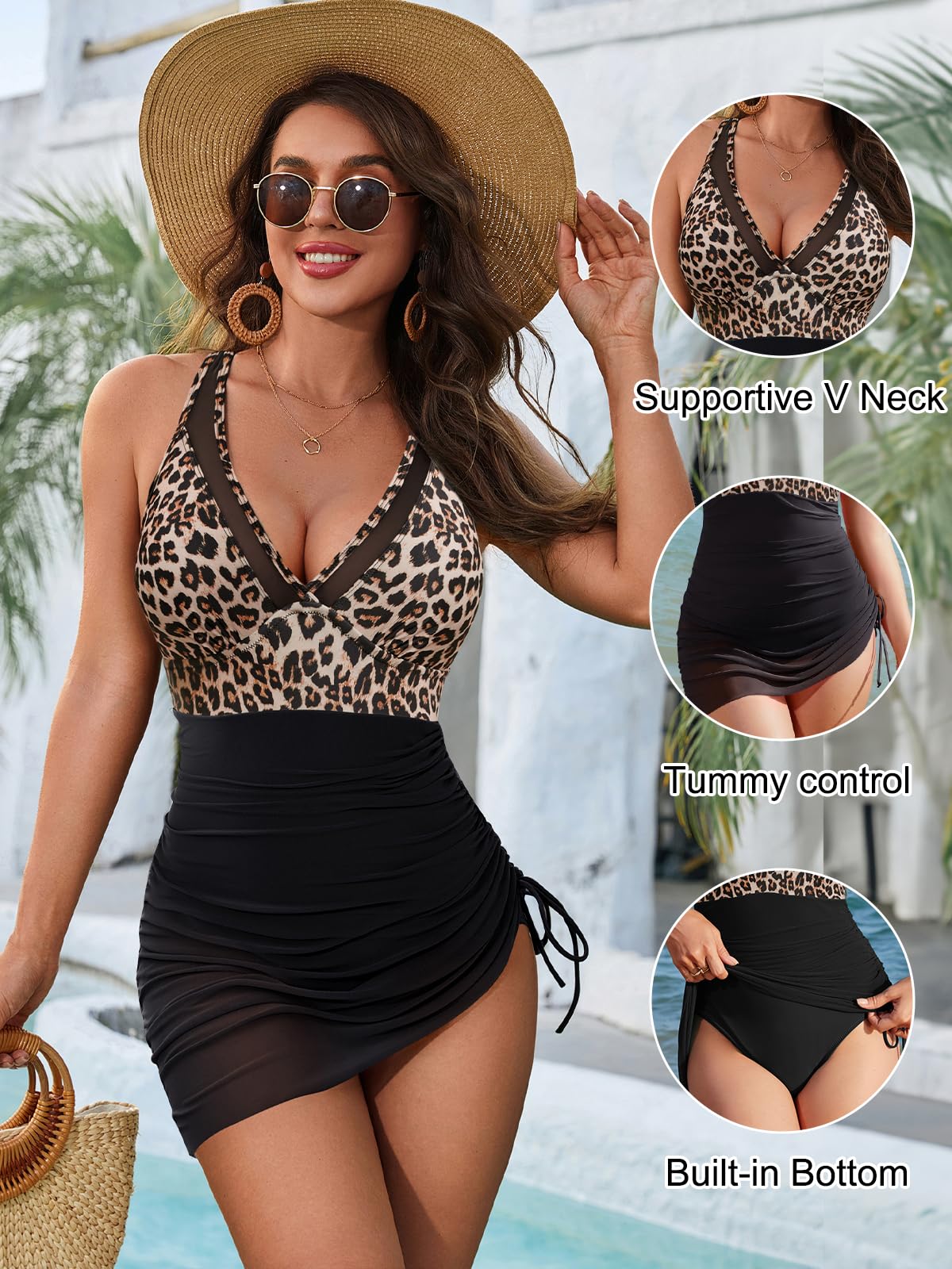 Blooming Jelly Women One Piece Swim Dress Tummy Control Swimsuits Slimming Mesh Sheer Bathing Suit (XXL, Leopard/Black)