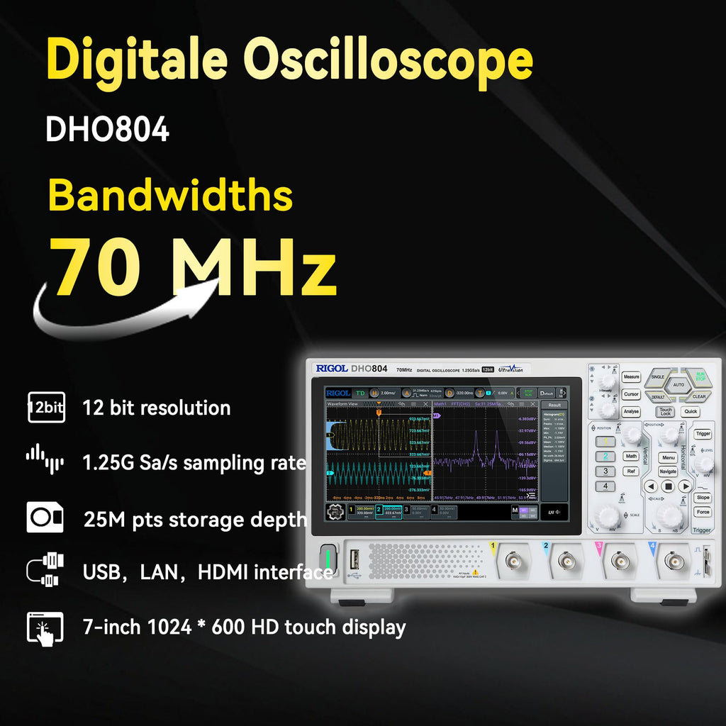 RIGOL Digital Oscilloscope DHO804 70 MHz 4-Ch 1.25 GSa/s 12-bit 25 Mpts UltraAcquire 1,000,000 wfms/s 7" Touch LAN/USB/HDMI Web Control SCPI for Power Ripple Embedded Debug