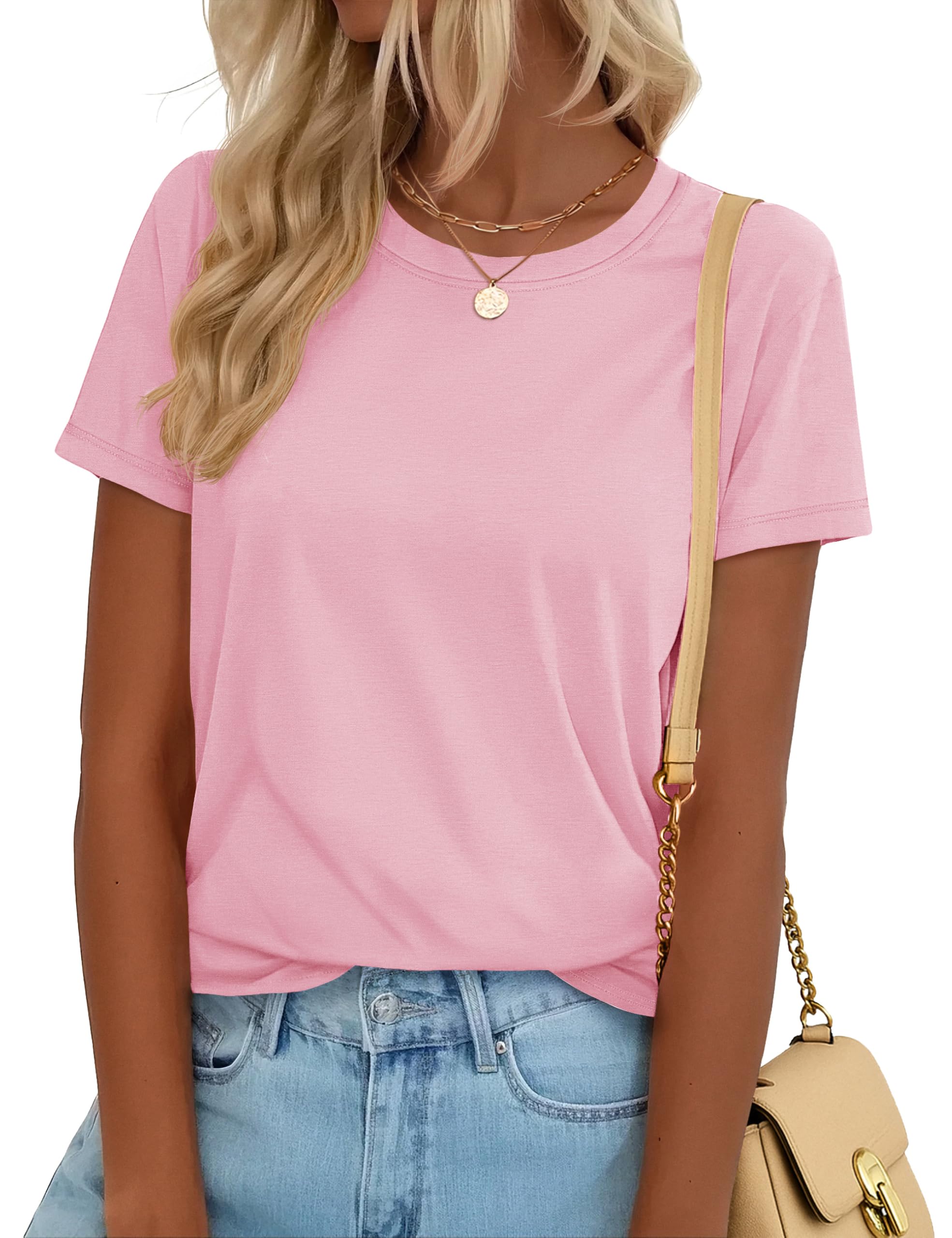 YUCOLEN T Shirts for Women Short Sleeve Crewneck Cotton Tops Summer UPF 50+ Casual Breathable Basic Tee Tshirt Light Pink M