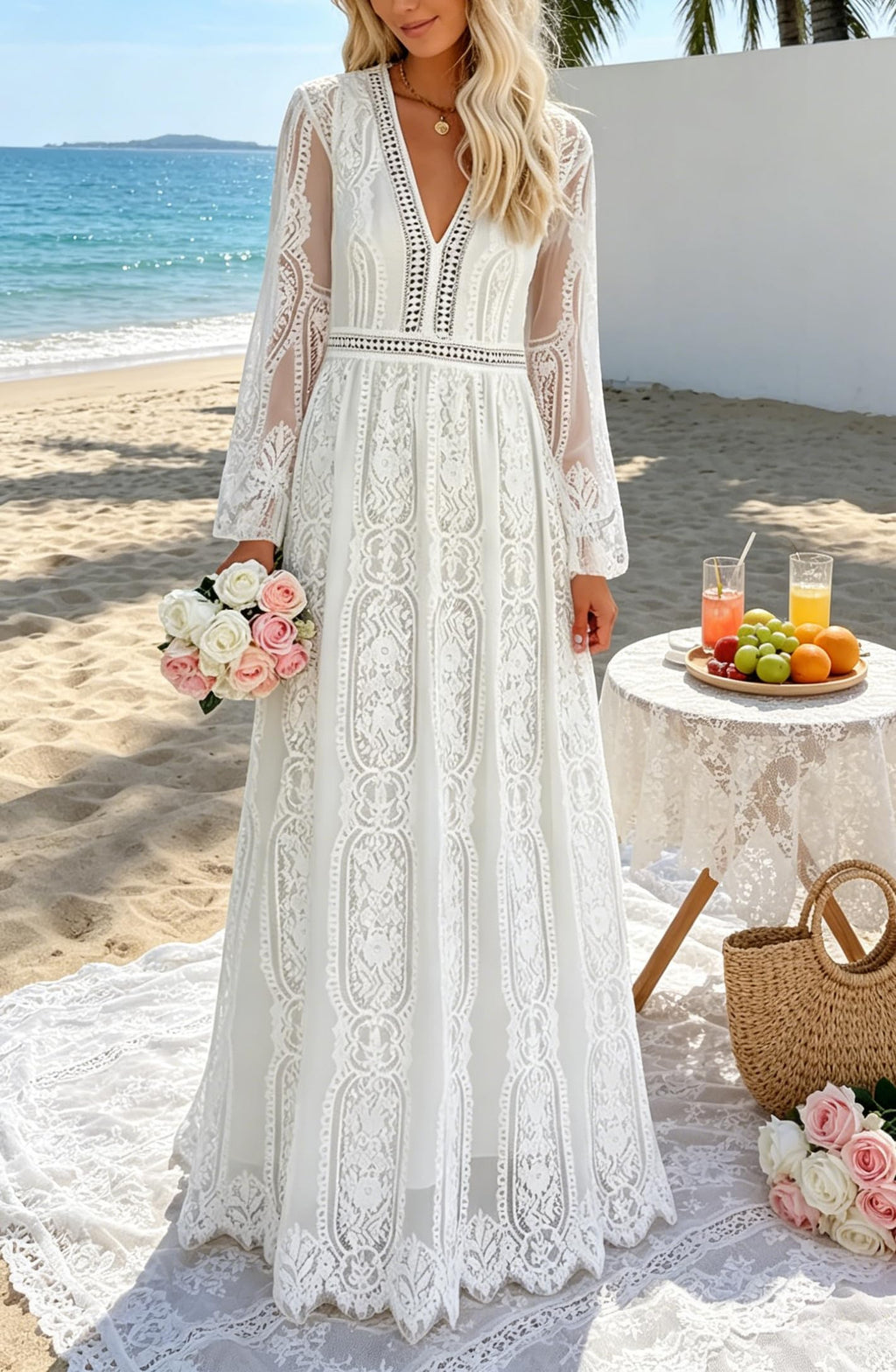 Women's V Neck Long Sleeves White Lace Maxi Wedding Dress Boho Flowy Wedding Guest Formal Party Dress Fall Winter Spring