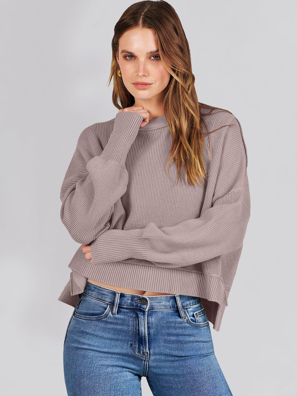ANRABESS Womens Cropped Sweaters Oversized Crewneck Long Batwing Sleeve Side Slit Ribbed Knit Pullover Tops 2025 Fall Clothes Medium