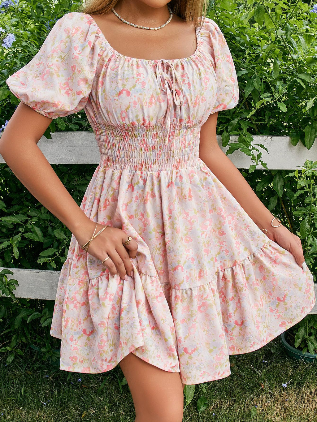 Floerns Women's Boho Square Neck Puff Short Sleeve Self Tie Front A Line Dress Floral Pink Large