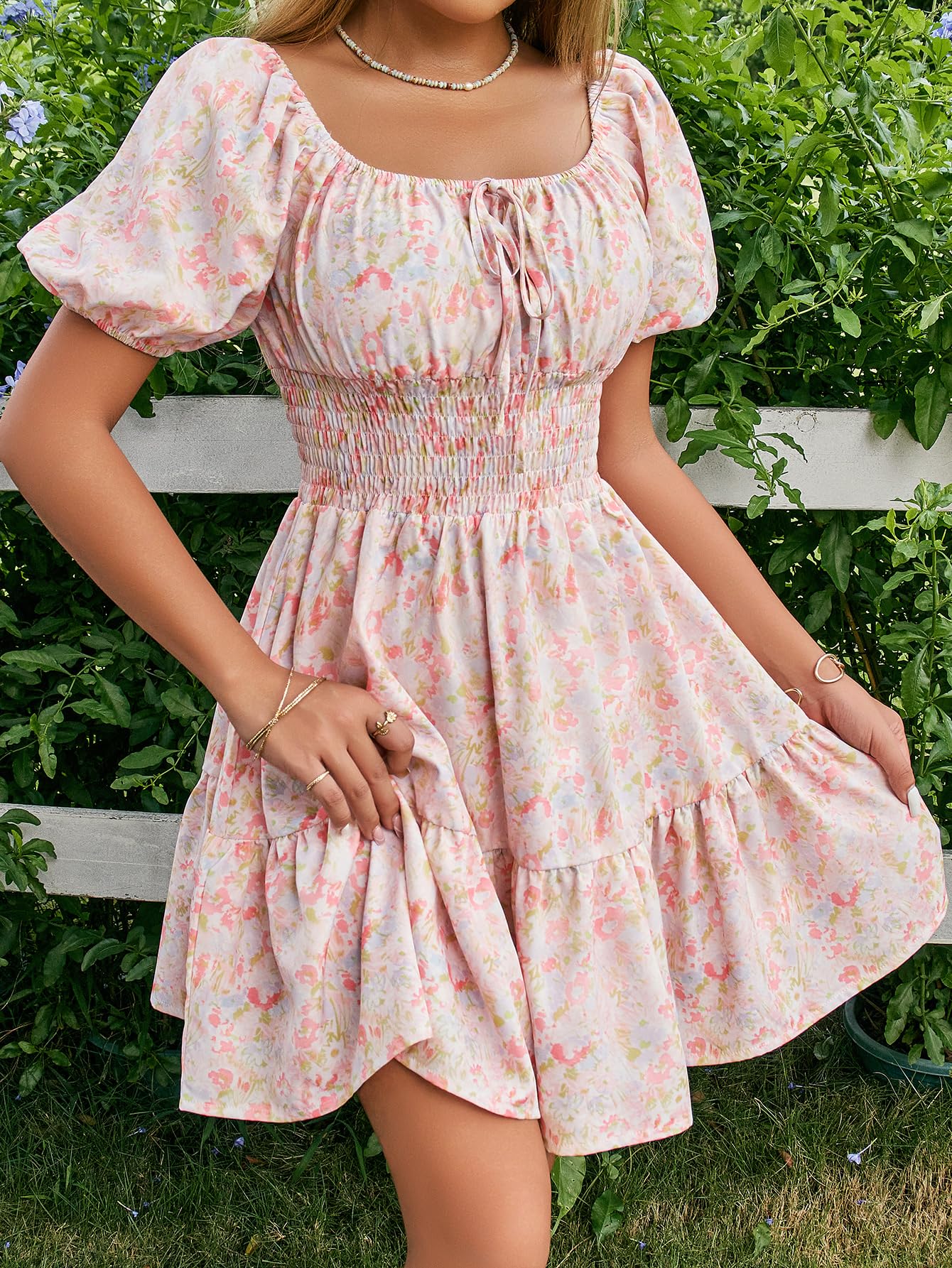 Floerns Women's Boho Square Neck Puff Short Sleeve Self Tie Front A Line Dress Floral Pink Large
