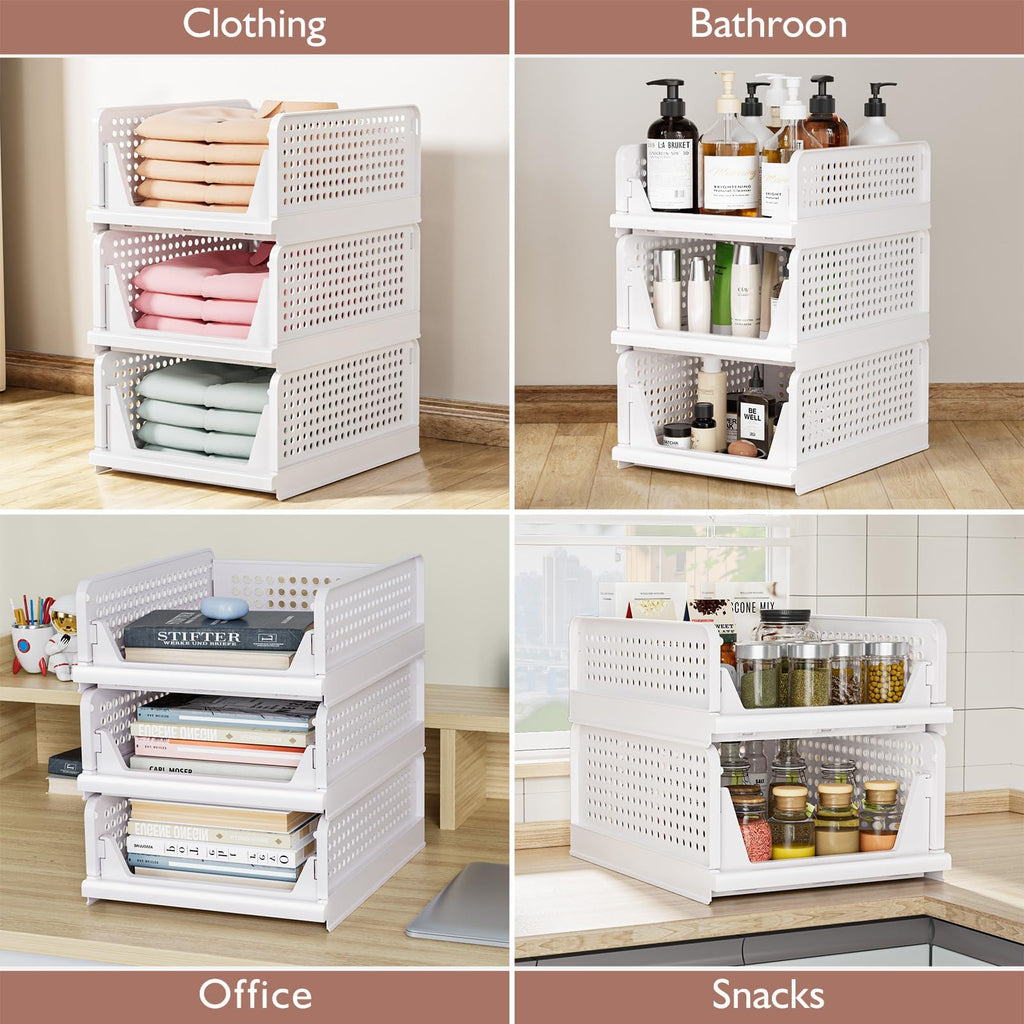 CTSNSLH 5 Pack Closet Organizers Storage Box, Closet Storage Stackable Storage Bins, Plastic Drawer Basket for Wardrobe Cupboard Kitchen Bathroom Office, White