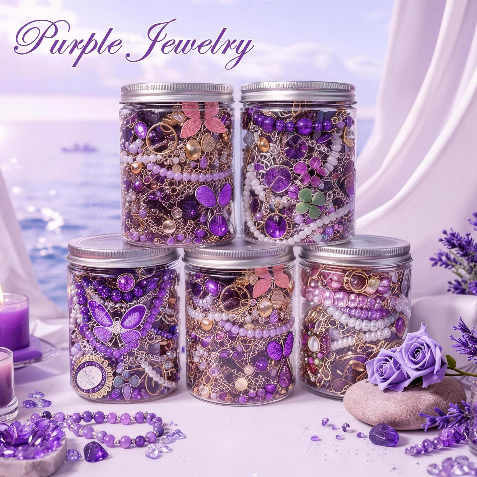 SMUOBT Purple Crystal Mystery Jewelry Jar - 30 Piece Surprise Jewelry Box for Women, Includes Necklace, Earrings, Rings, Bracelet, Choker & More - Gift Ready Unique Birthday Gifts for Her