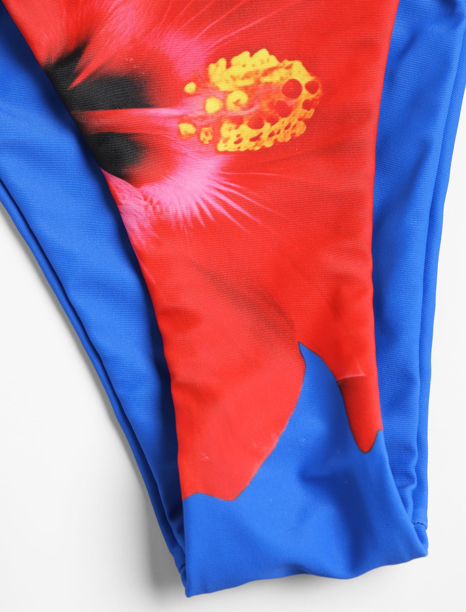 ZAFUL Women's 3 Piece Floral Swimsuit Draped Neck Halter Bikini Tie Side Bathing Suit with Sheer Cover Up Skirt 0-Blue Red Flower M