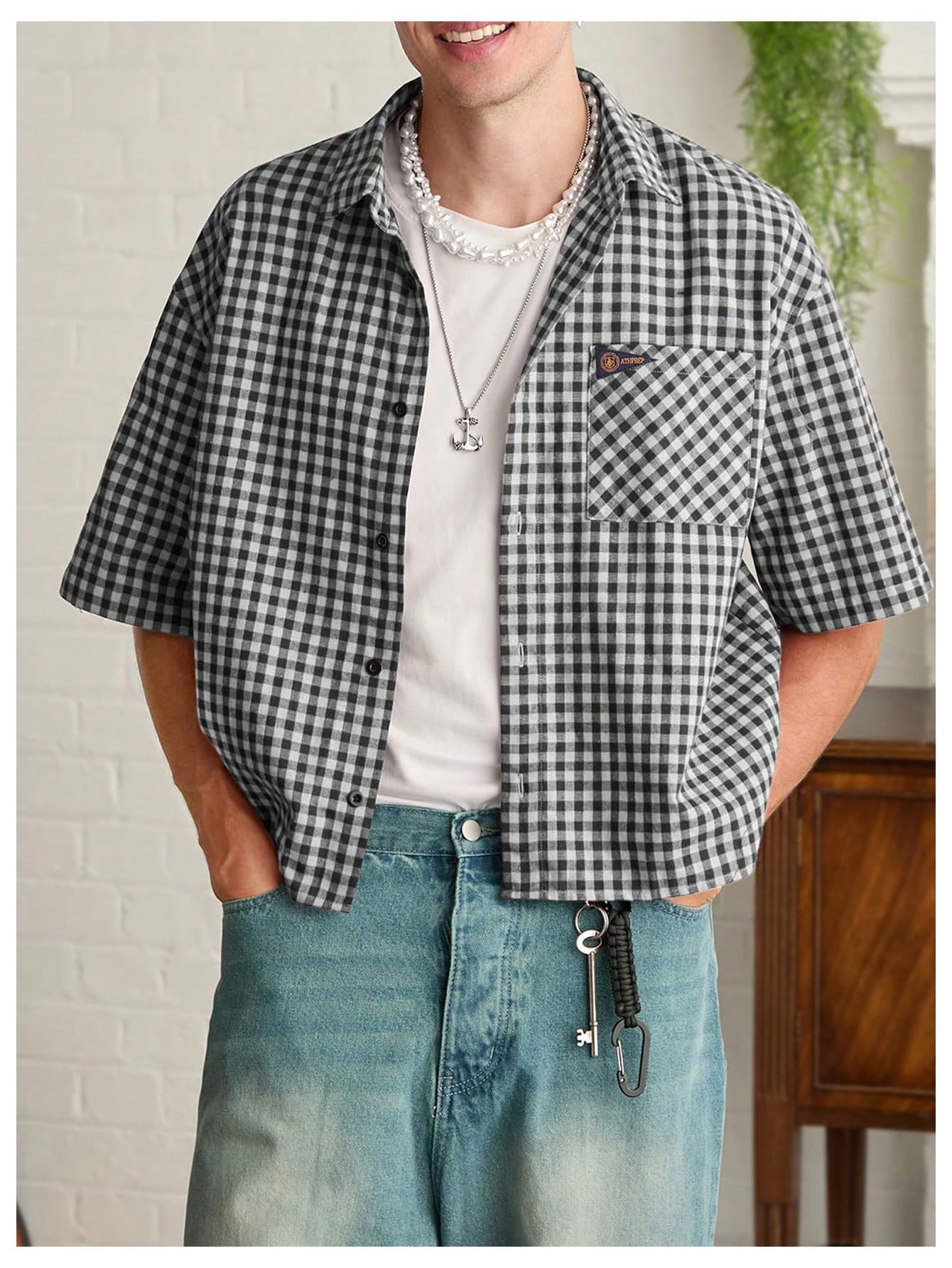 SHENHE Men's Plaid Button Down Short Sleeve Shirt Loose Fit Casual Shirt with Chest Pocket Black Large