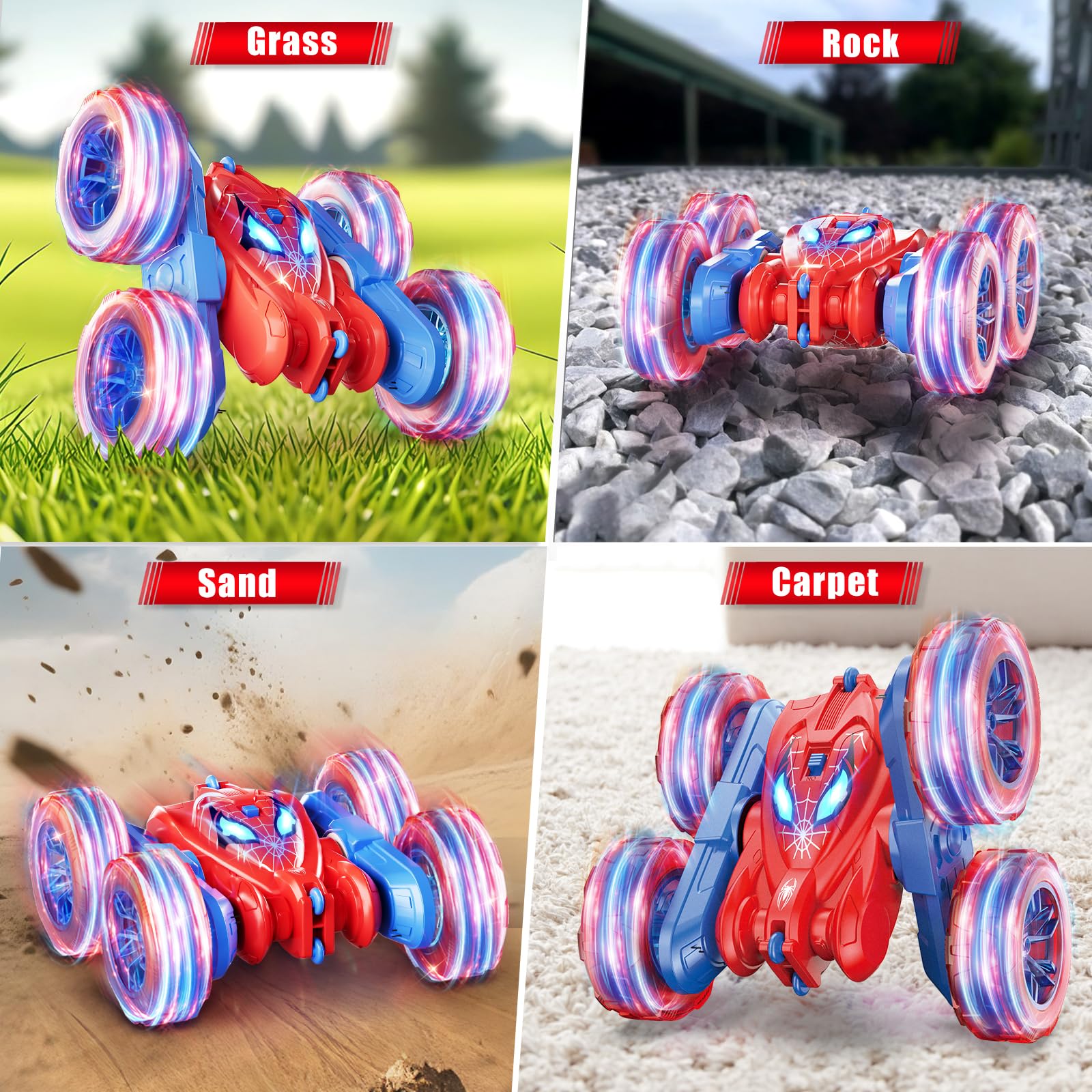 Spider Remote Control Car, 360° Stunt RC Cars for Kids Ages 6-12 Double-Sided Rotation, 4WD Cool Wheel Lights&2.4GHz Control; Rechargeable Electric Race Car Toys Gift for Boys Girls (Red&Blue)