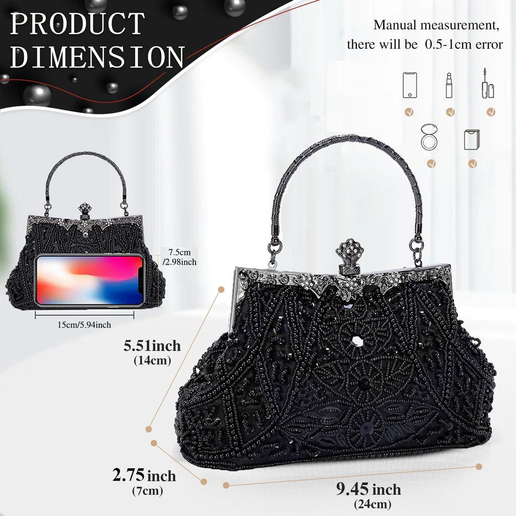 Selighting 1920s Vintage Beaded Clutch Evening Bags for Women Formal Bridal Wedding Purse Prom Cocktail Party Handbags Black Handbags