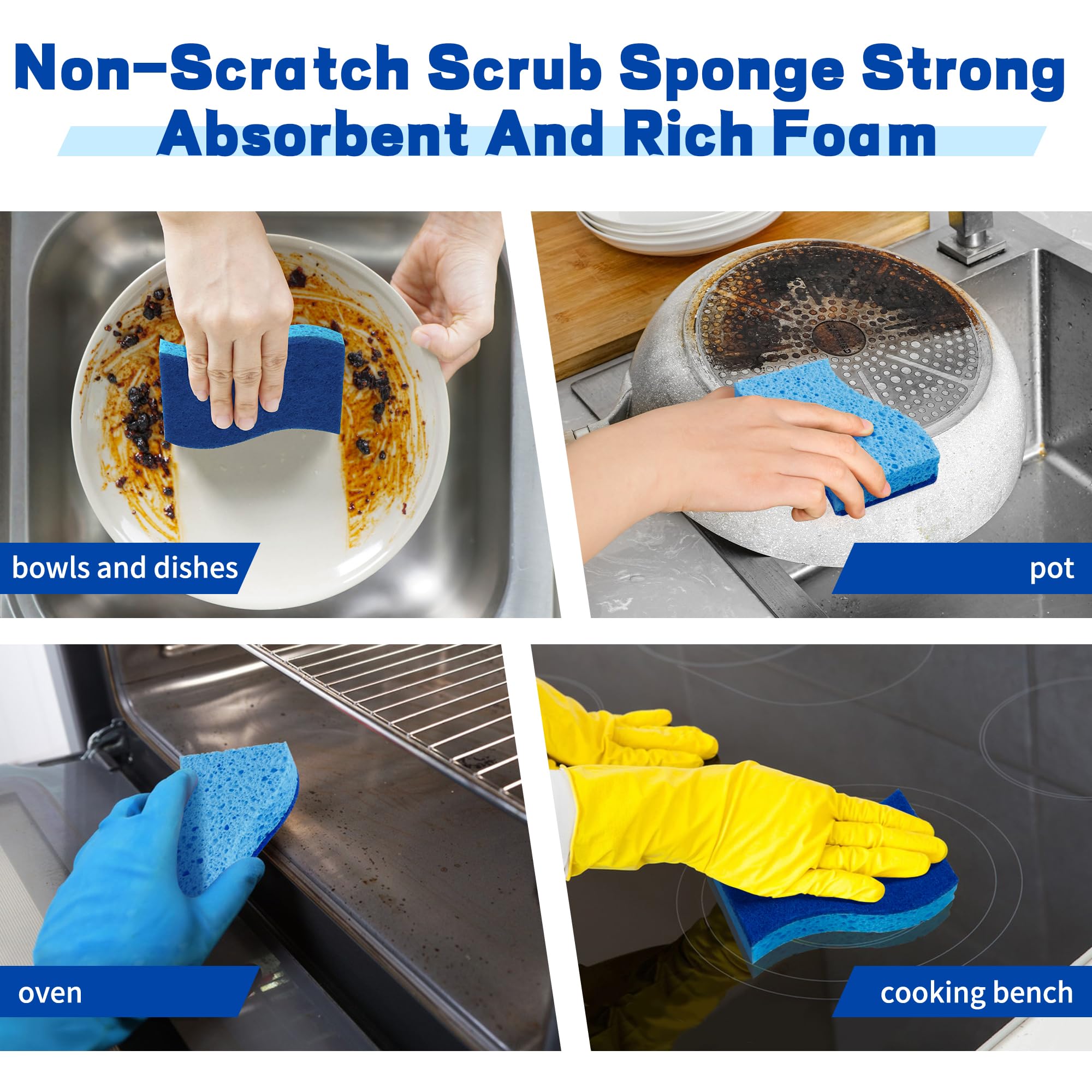 12 Count Non-Scratch Dish Sponges Kitchen, Long Lasting Cleaning Sponges for Dishes,Dual Sided Kitchen Sponges, Cleans Fast Without Scratching, Easy to Dry and Reusable-Blue