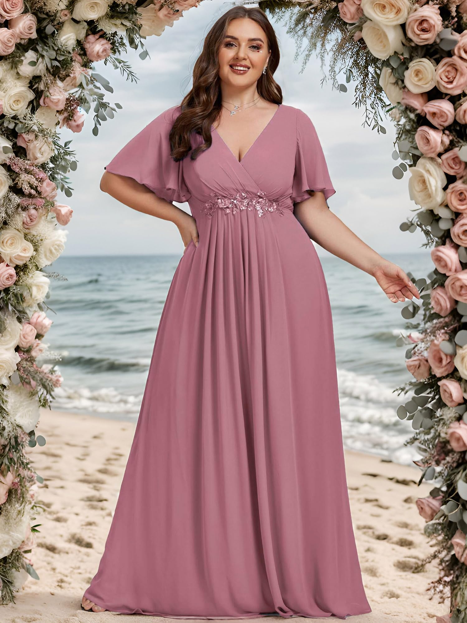 Ever-Pretty Women's Summer Plus Size Formal Dresses V Neck Applique Evening Gowns Mother of The Bride Dress for Curvy Women Orchid US16