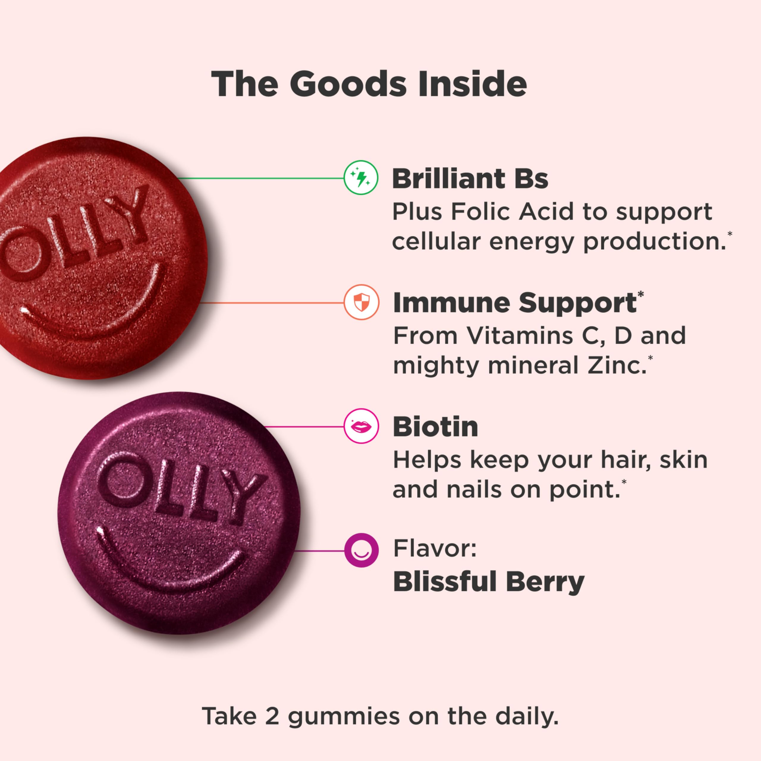 OLLY Women's Daily Multivitamin Gummy, Vitamins A, D, C, E, Biotin, Folic Acid, Adult Chewable Vitamin, Berry Flavor, 65 Day Supply - 130 Count