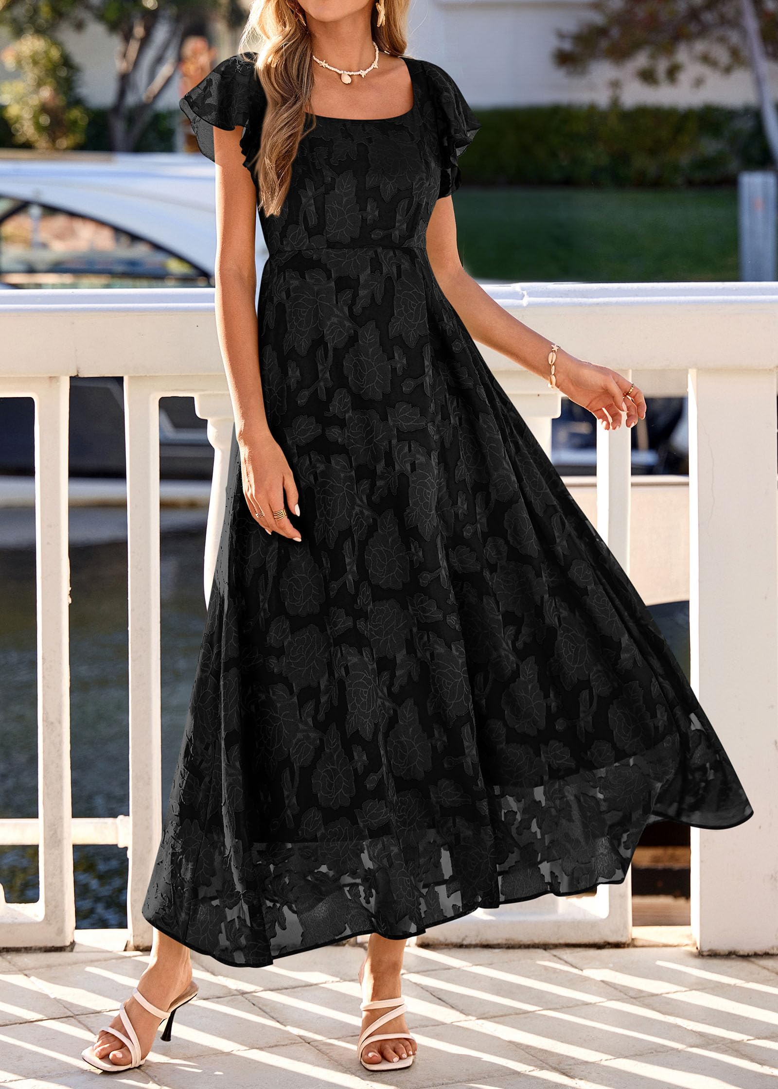 KIRUNDO Cocktail Dresses for Women Elegant Wedding Guest Summer Formal Maxi Lace Floral Slit Prom Party Bridesmaid Dress (Black, Large)