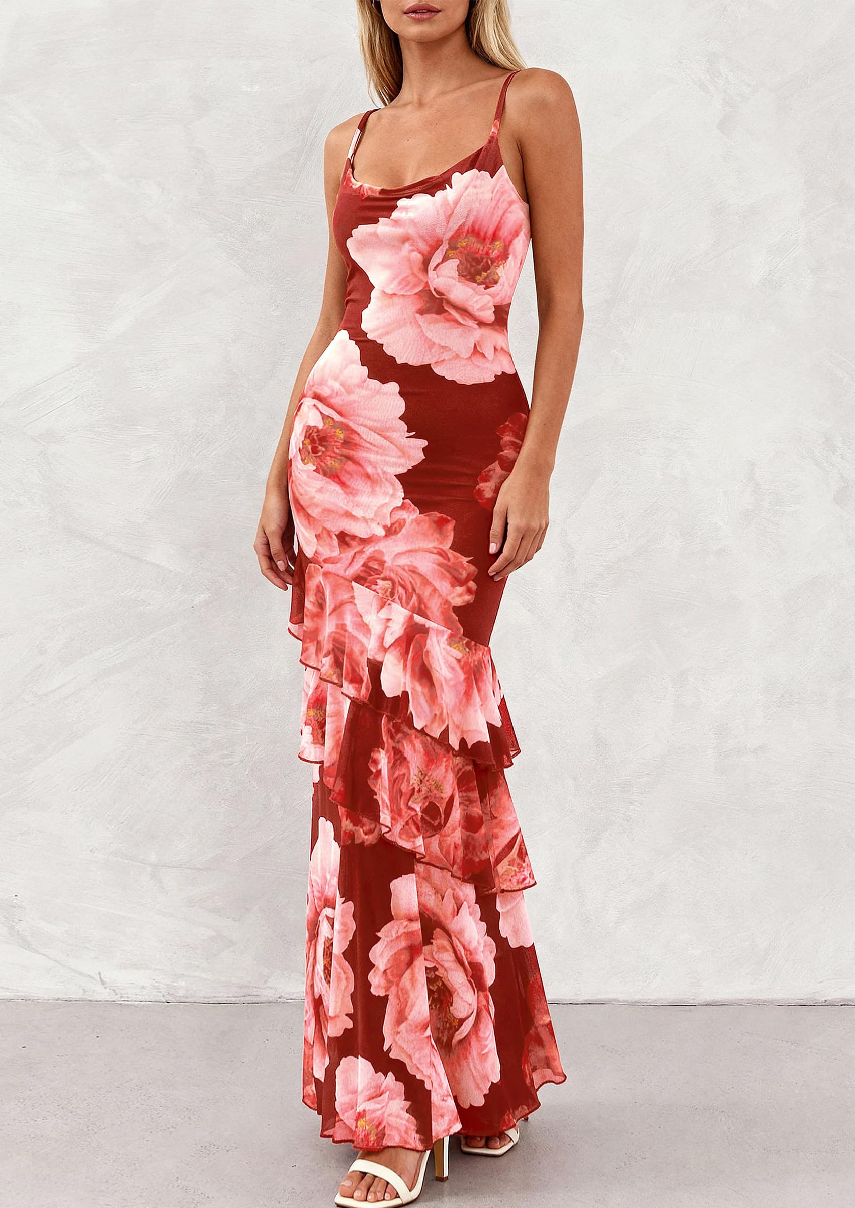 PRETTYGARDEN Maxi Dresses for Women 2026 Summer Tiered Floral Beach Sundress Spaghetti Strap Spring Wedding Guest Long Dress (Wine Red Big Floral,X-Small)
