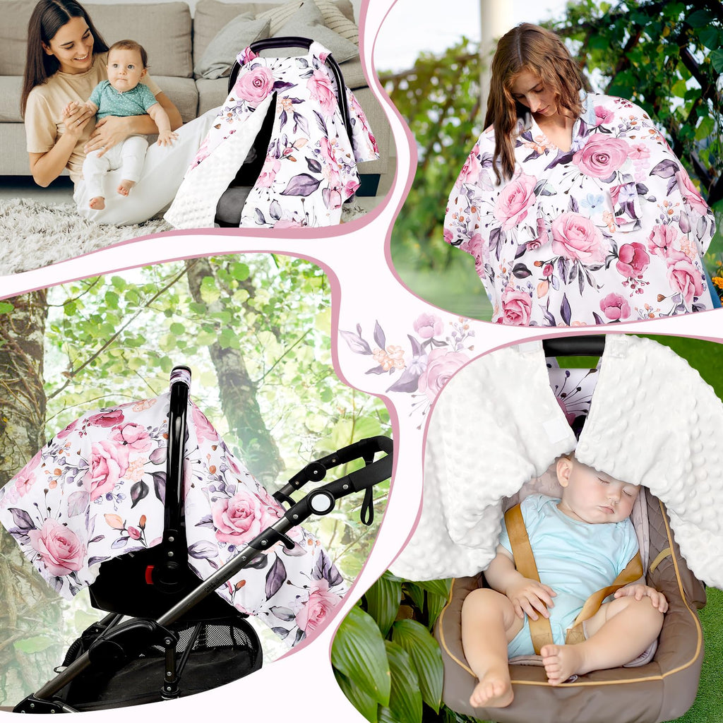 Baby Car Seat Cover, Breathable Infant Carseat Cover for Summer Peekaboo Opening Car Seat Canopy Cover, Nursing Cover for Baby Boys Girls (Pink Floral)