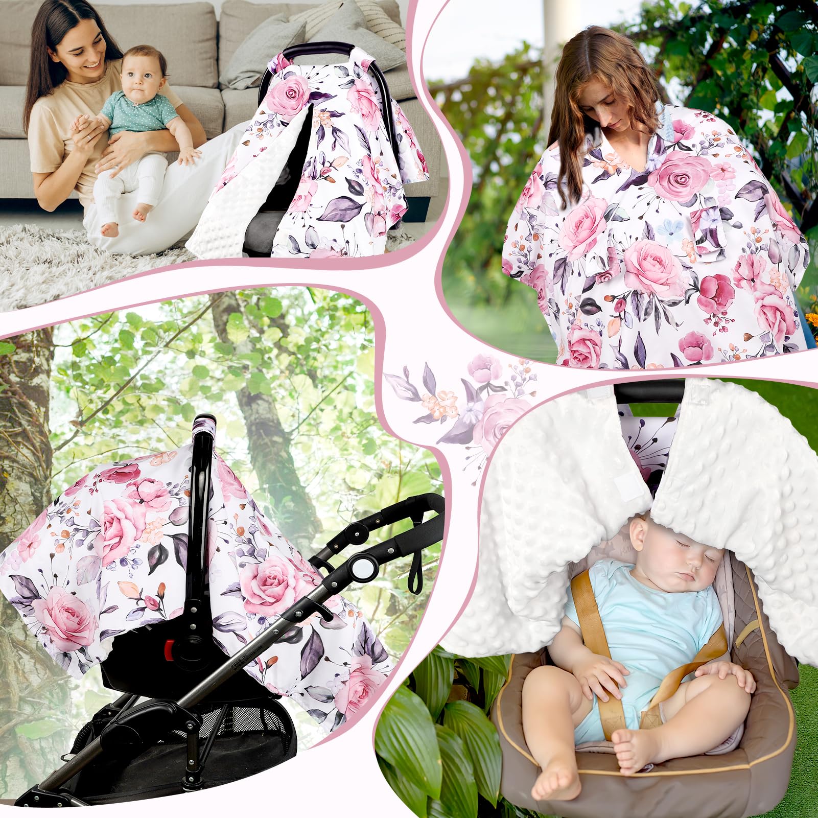 Baby Car Seat Cover, Breathable Infant Carseat Cover for Summer Peekaboo Opening Car Seat Canopy Cover, Nursing Cover for Baby Boys Girls (Pink Floral)