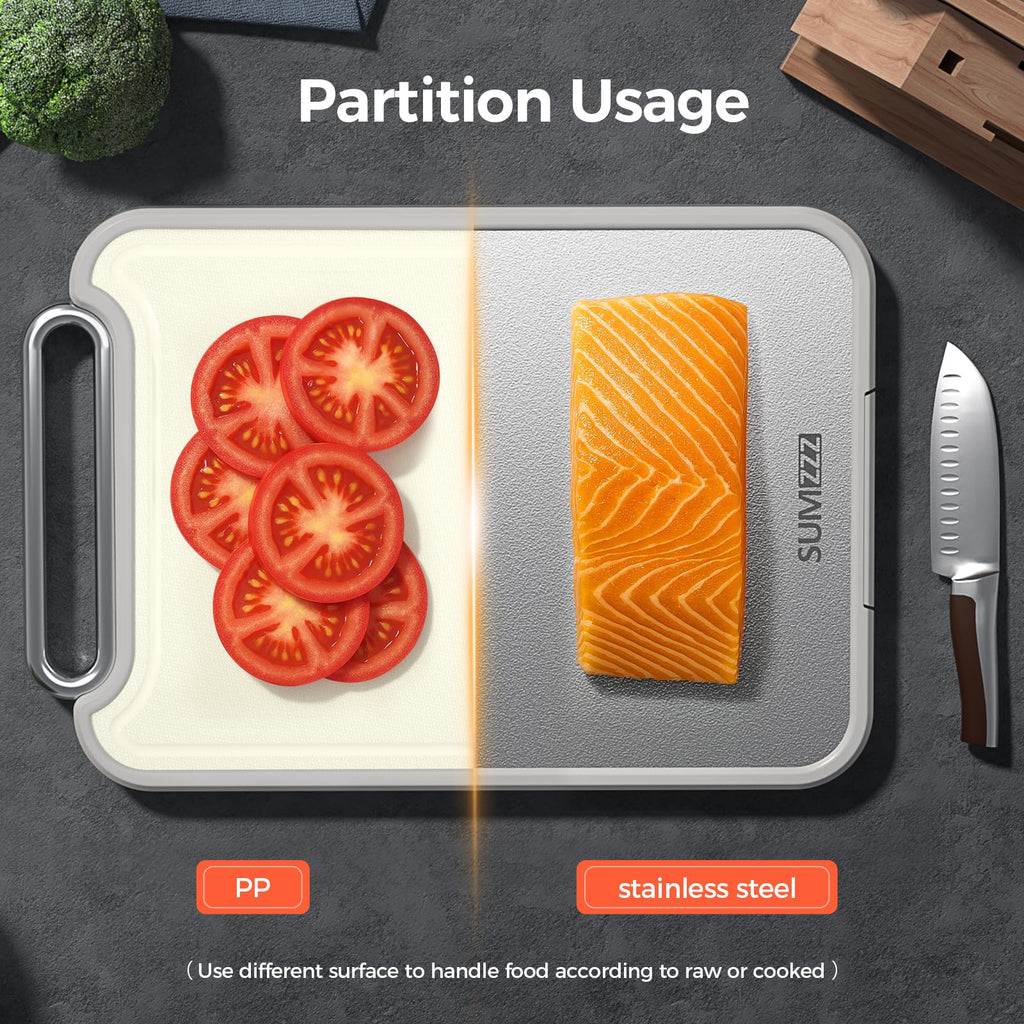 Sumzzz Stainless Steel Cutting Board for Kitchen, 2-in-1 Double-Sided Chopping Board, Food Grade Stainless Steel/PP, Easy to Clean, Large Size, Non-Slip, 16”×11”