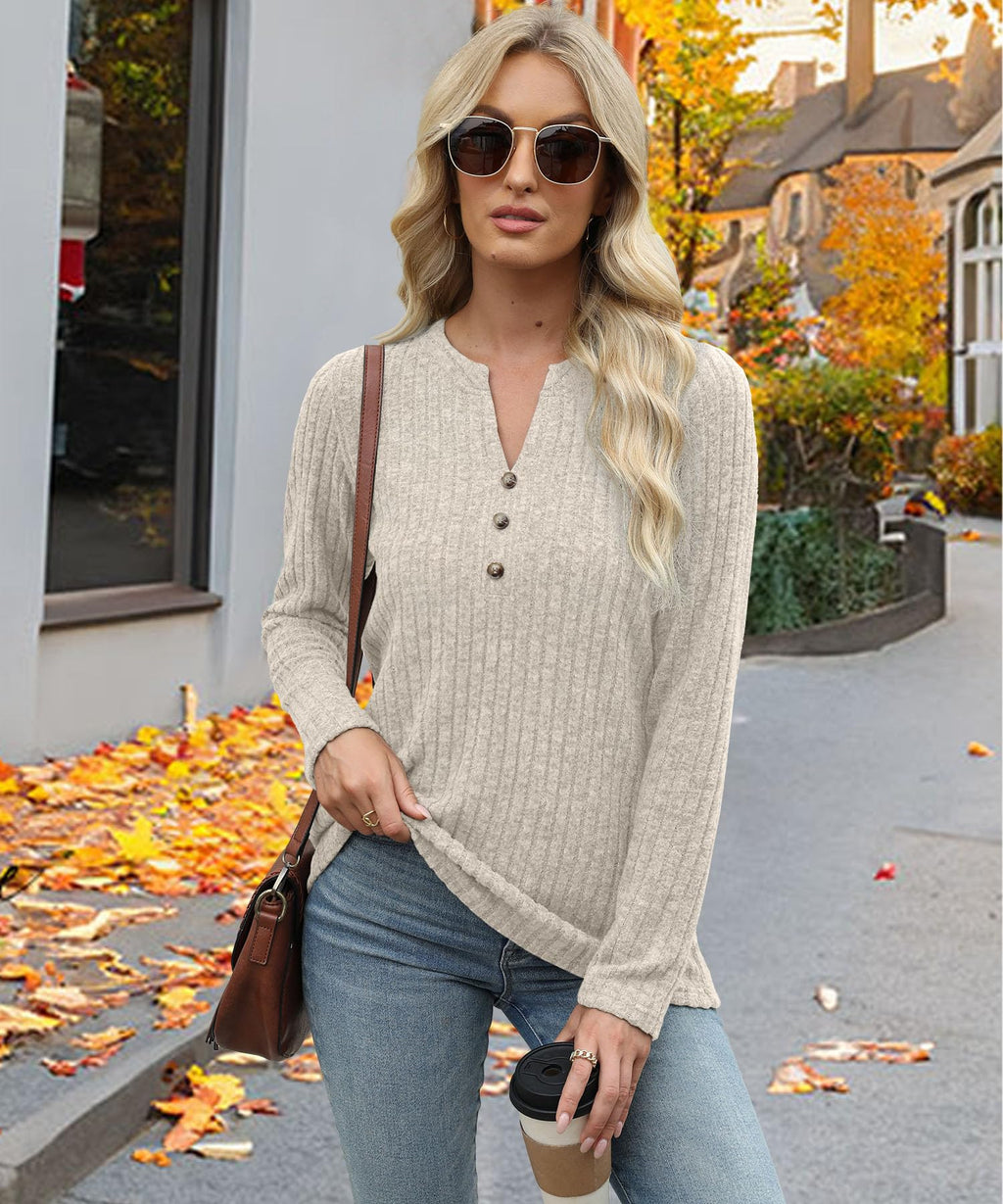 Womens Sweaters Fashion Tops 2025 Long Sleeve Pullover V Neck Sweatshirt Casual Loose Soft Trendy Cute Clothes Shirts Apricot