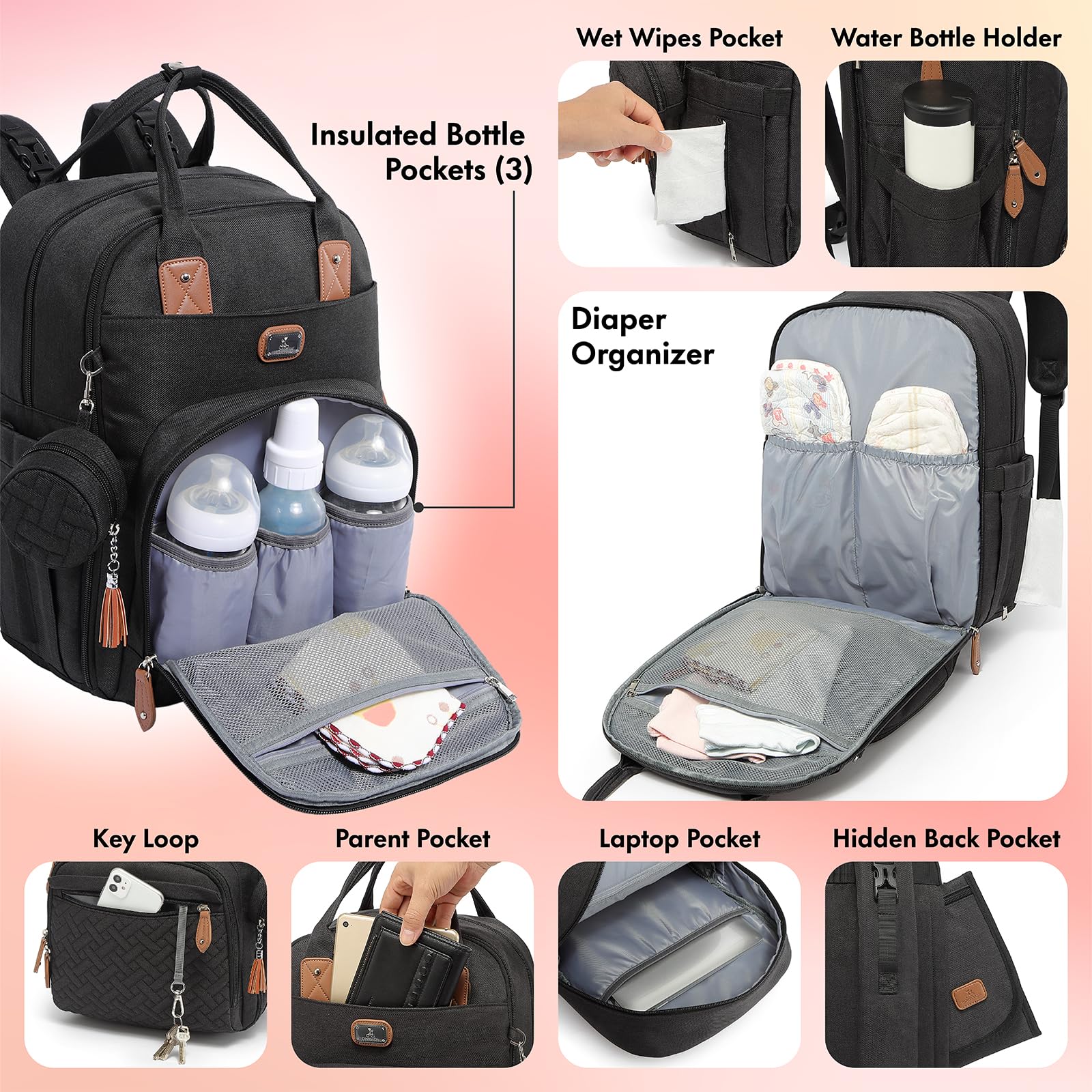 Dikaslon Diaper Bag Backpack with Portable Changing Pad, Pacifier Case and Stroller Straps, Large Unisex Baby Bags for Boys Girls, Multipurpose Travel Back Pack Moms Dads, Black
