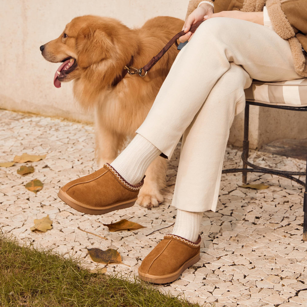 DREAM PAIRS Women's Fuzzy Cozy Slippers Genuine Suede Indoor Outdoor Fluffy Home Comfy Winter Slip On Cute Warm Memory Foam Furry Shoes FuzzyEasy,Size 9,Chestnut,SDSL2412W