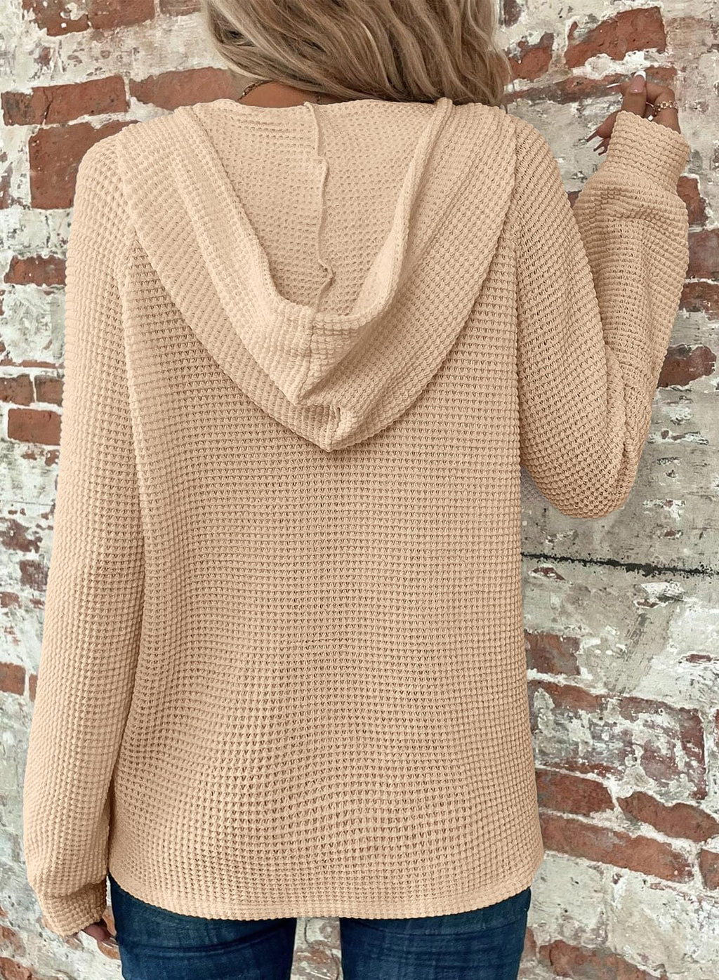 Dokotoo Winter Clothing for Women Oversized Waffle Knit Hoodies Drawstring Button V Neck Long Sleeve Casual Loose Lightweight Comfy Warm Pullover Sweatshirt Hoodie Tops Plus Size Apricot Large