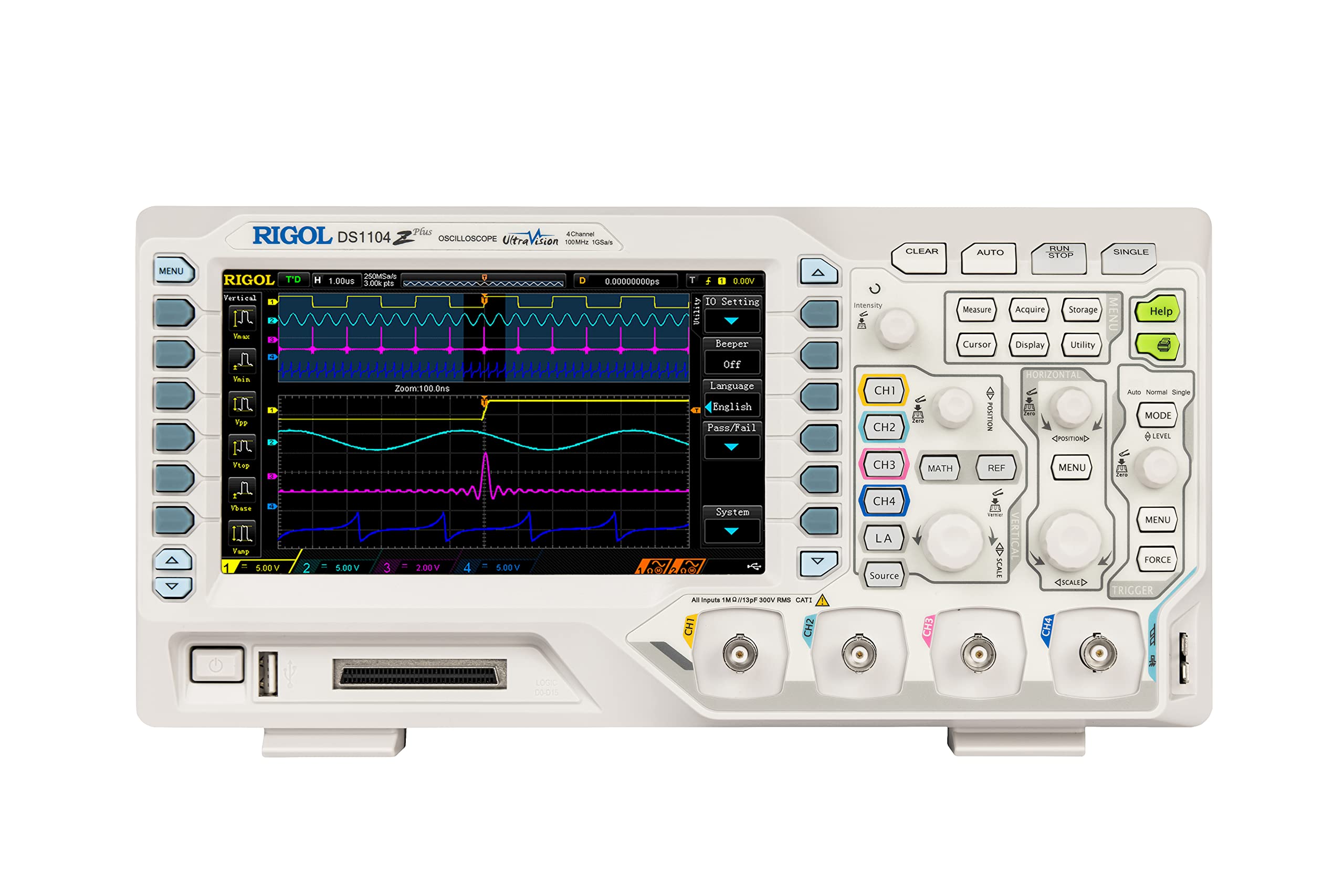 Rigol DS1104Z-S Plus 100 MHz Digital Oscilloscope with 4 Channels and 16 Digital Channels + 25 MHz Bandwidth with 2 Signal Source Channels