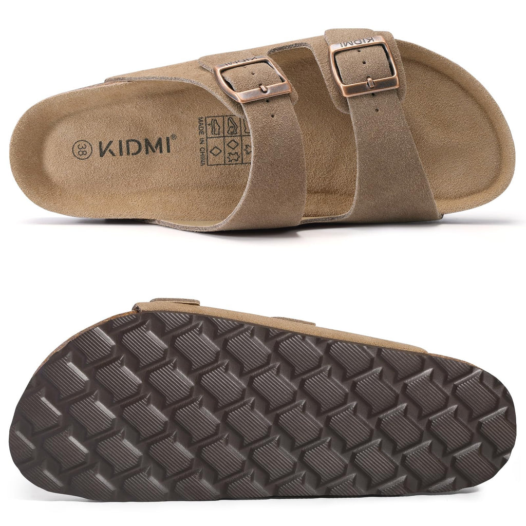 KIDMI Unisex Genuine Suede Summer Sandals Arch Support Cork Footbed Slide Sandals with Double Adjustable Buckle for Women Men, Mocha 39