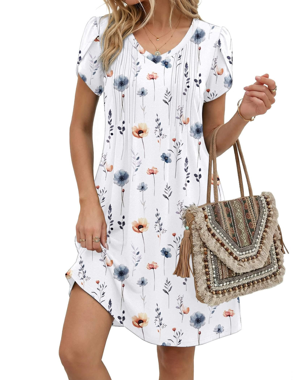 Zeagoo Summer Dresses for Women Floral Dress 2026 Casual Short Dresses Womens Flowy Sundress Spring Dresses Flare, White Floral