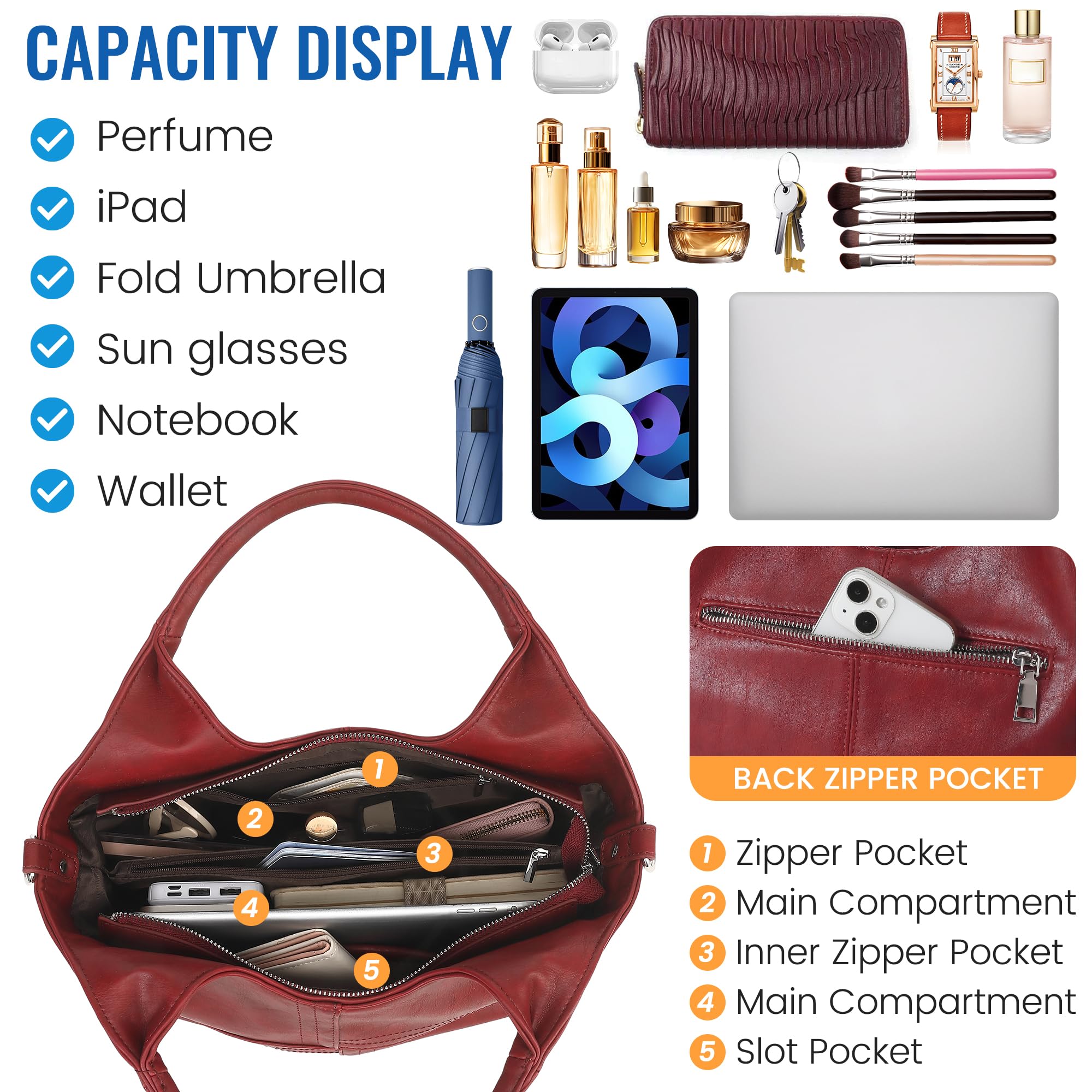 KOGTLA Vegan Leather Purses for Women with Detachable Satchel Strap, Ladies Handbags, Tote Hobo Bags with Top Handle Red