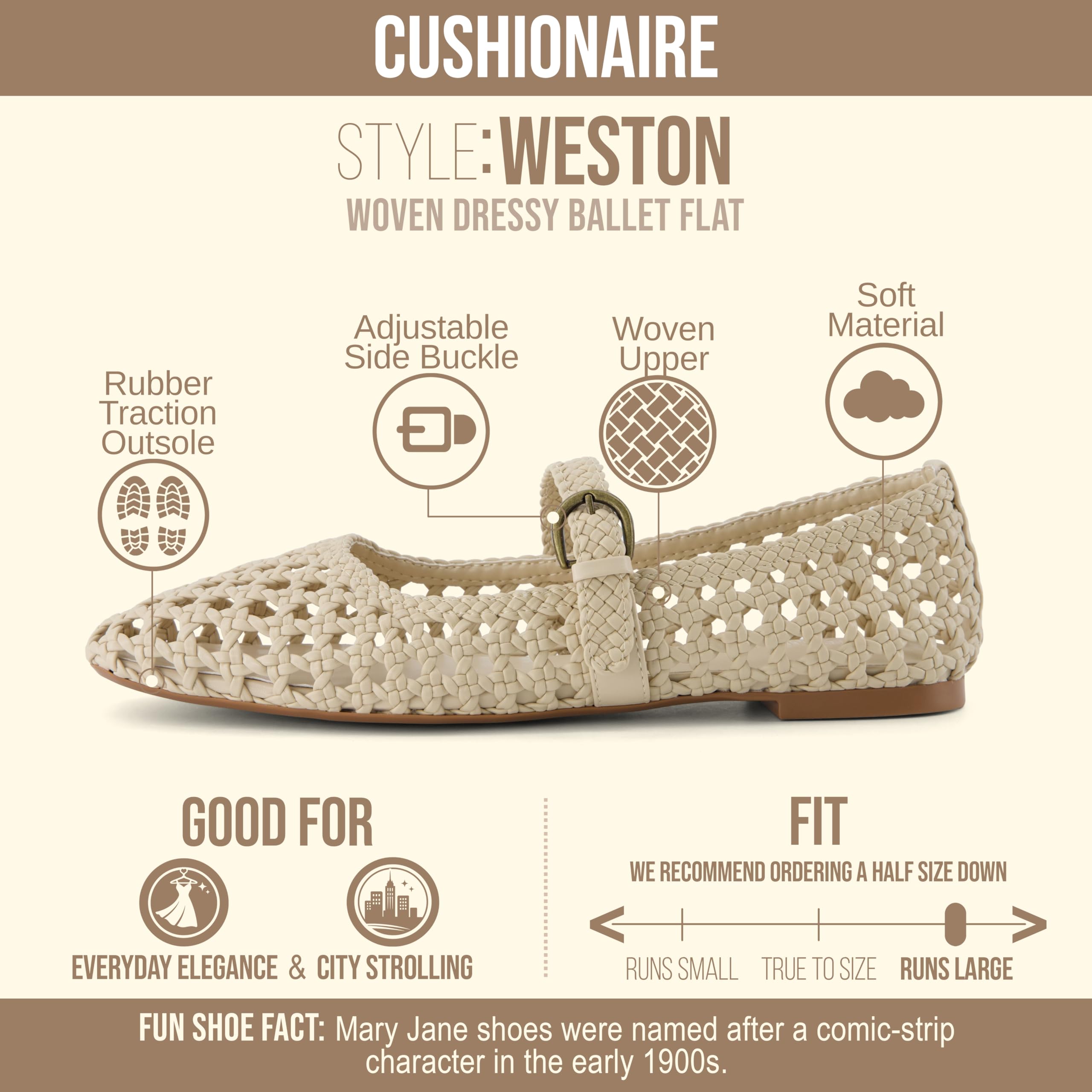 CUSHIONAIRE Weston Hand Woven Mary Jane Flats for Women, Comfortable Dressy Ballet Flats with Braided Adjustable Buckle and Memory Foam Cushioning, Wheat 9