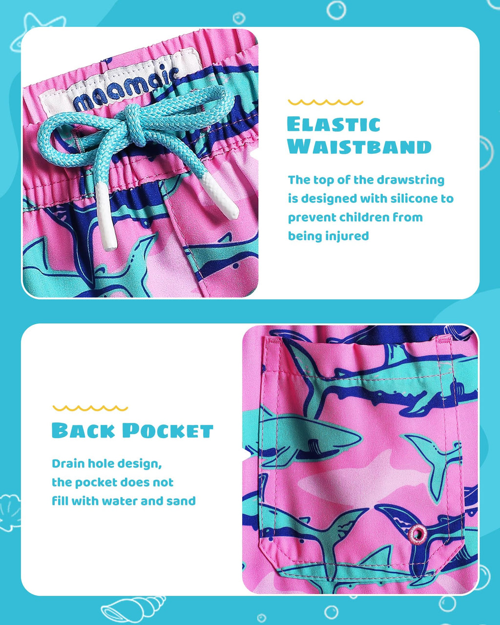 maamgic Boys Swim Trunks with Compression Liner Toddler Stretch Swim Shorts Quick Dry Swimming Trunks Boxer Brief 2 in 1 Beach Shorts Pink Blue Shark 5/6