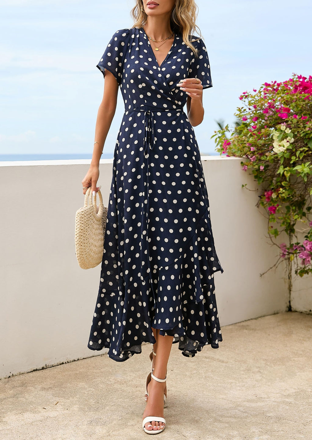 PRETTYGARDEN Women's Boho Floral Maxi Dress Summer Short Sleeve Wrap V Neck Long Flowy Beach Vacation Wedding Guest Dresses (Dot Navy White,Medium)
