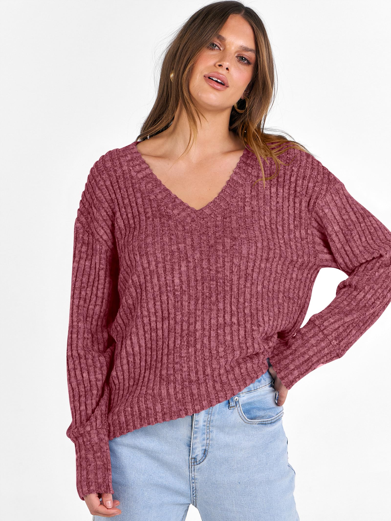 ANRABESS Long Sleeve Shirts for Women V Neck Casual Fall Tops Loose Fit Lightweight Sweaters Tunic Fashion 2025 Clothes Red Medium
