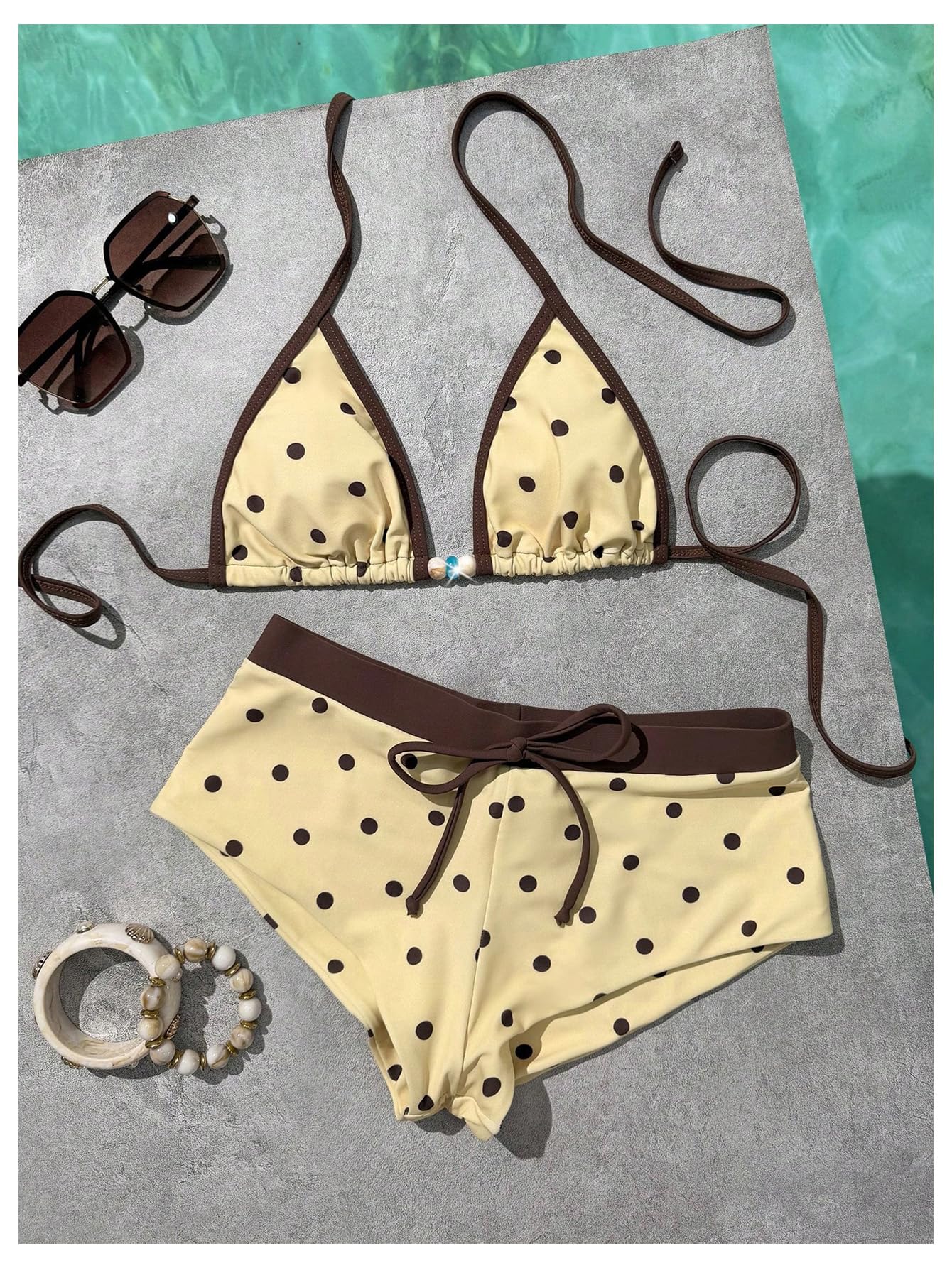 WDIRARA Women's Polka Dots 2 Piece Swimsuit Triangle Halter Bikini Set Boyshorts Bathing Suit Light Yellow Small