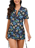 Halcurt Women's Short Sleeve Rash Guard Swim Shirt with Bra Half Zip Tie Drawstring UPF50+ Swimsuit Top Black Blue Yellow Flowers 2XL