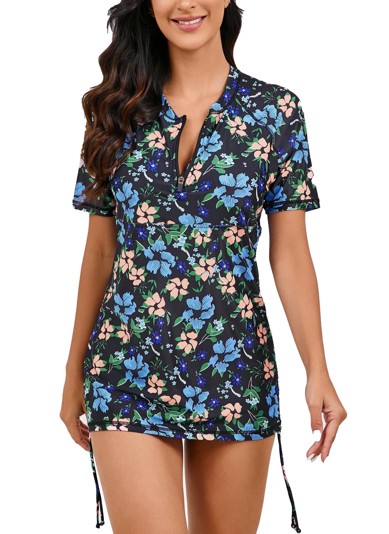 Halcurt Women's Short Sleeve Rash Guard Swim Shirt with Bra Half Zip Tie Drawstring UPF50+ Swimsuit Top Black Blue Yellow Flowers 2XL