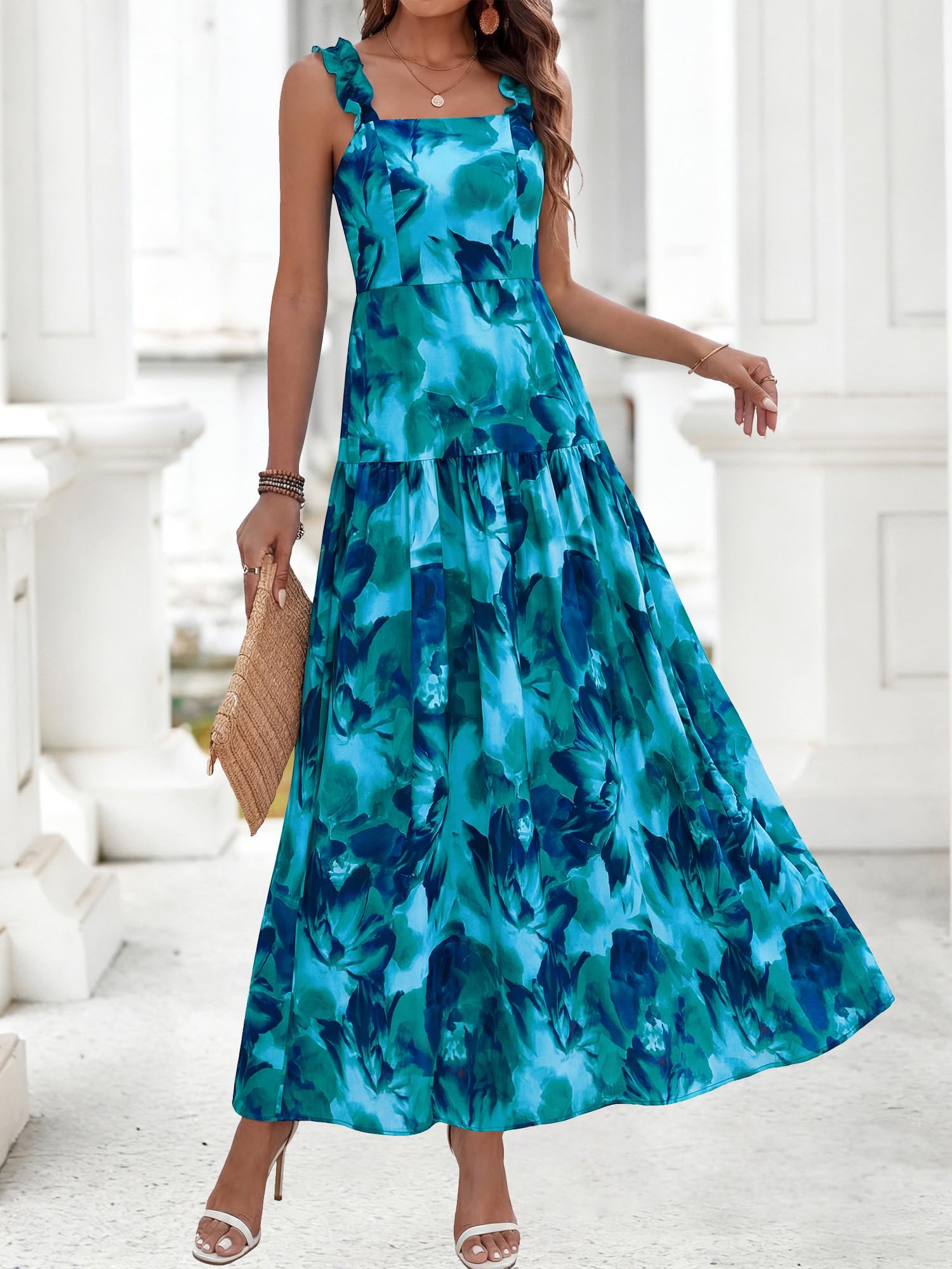 BTFBM Dresses for Women Summer 2026 Formal Sleeveless Smocked Floral Long Wedding Guest Dress Party Spring (Floral Lake Blue,Medium)