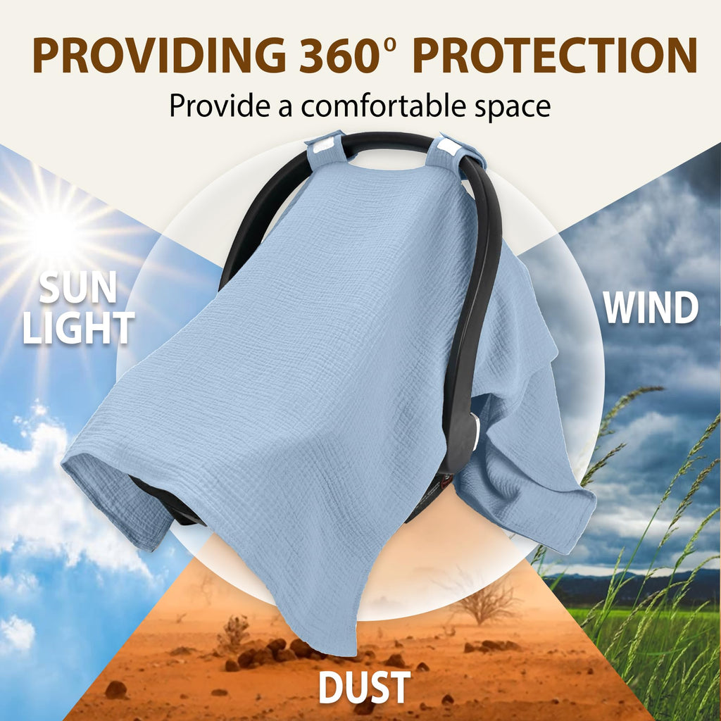 infancie 100% Organic Muslin Cotton Car Seat Cover 35 x 50 Inches Soft Touch Breathable Canopy, Protective Car Seat Cover Baby All Seasons Lightweight Car Seat Cover Travel Comfort (Blue)